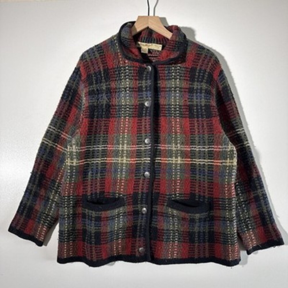 Women’s Large 1990s Eddie Bauer Plaid Lambswool Blend Collared Cardigan